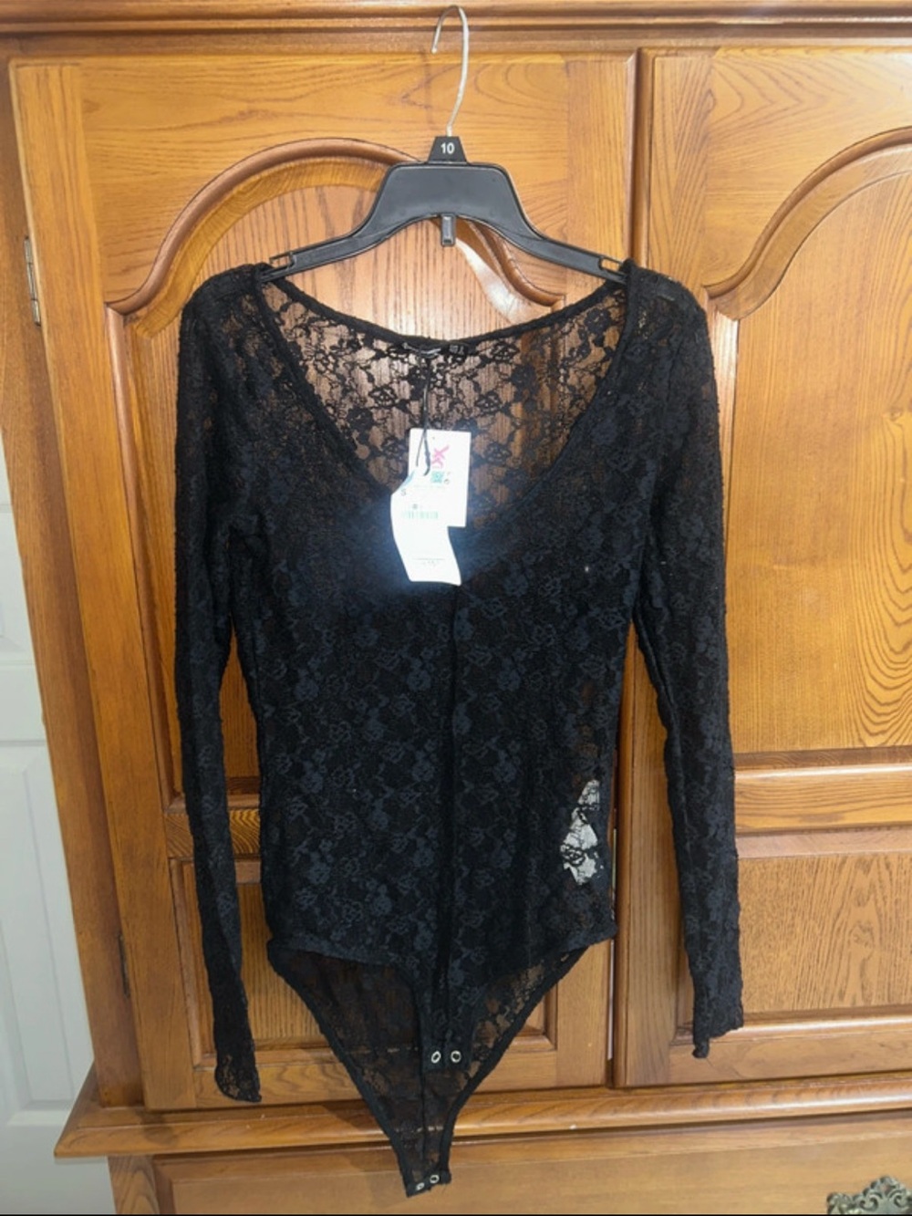 New Black Lace Long Sleeve Bodysuit